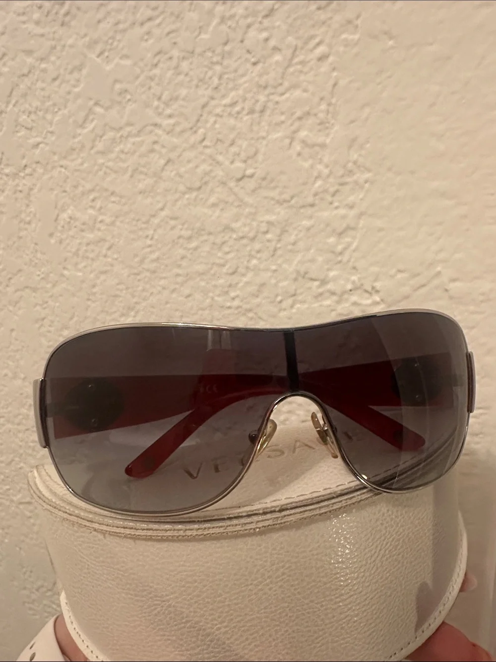 Versace Women's Oversized Brown Gradient Shield Sunglasses with Red Temples